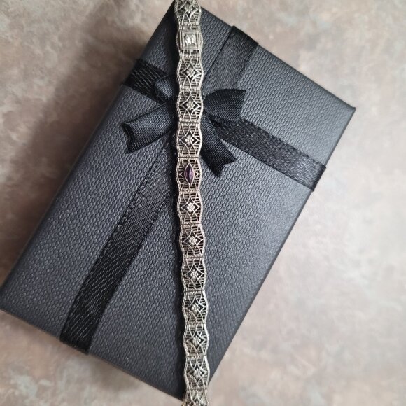 Art Deco Diamond Amethyst Filigree Antique Bracelet 10k White Gold Price is Firm - Picture 7 of 16